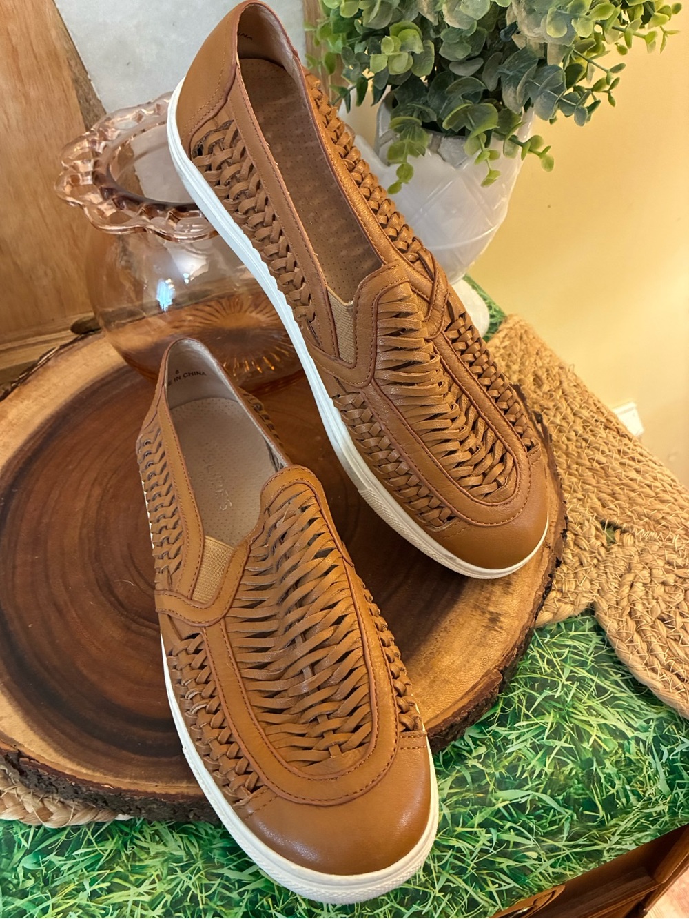 J Slides Tan Woven Leather Slip-On Sneakers